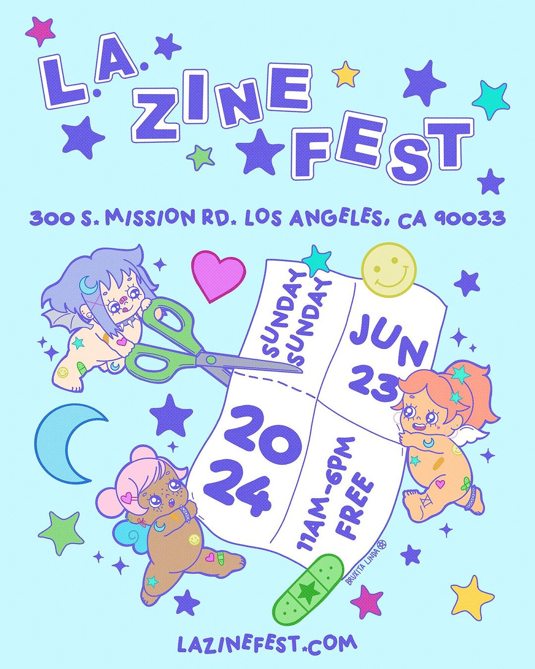 Colorful flyer for LA Zine Fest 2024 featuring whimsical illustrations and event details.