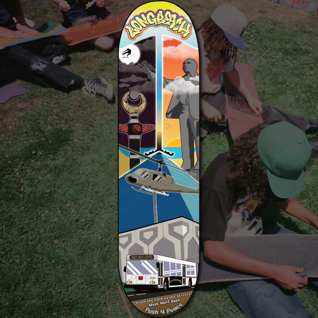 Decorative skateboard deck with various colorful designs and patterns.