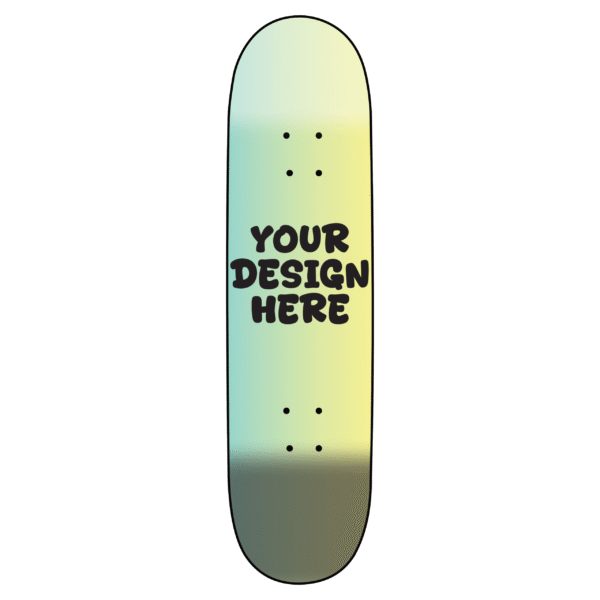 Blank skateboard deck with a gradient background and text "YOUR DESIGN HERE".