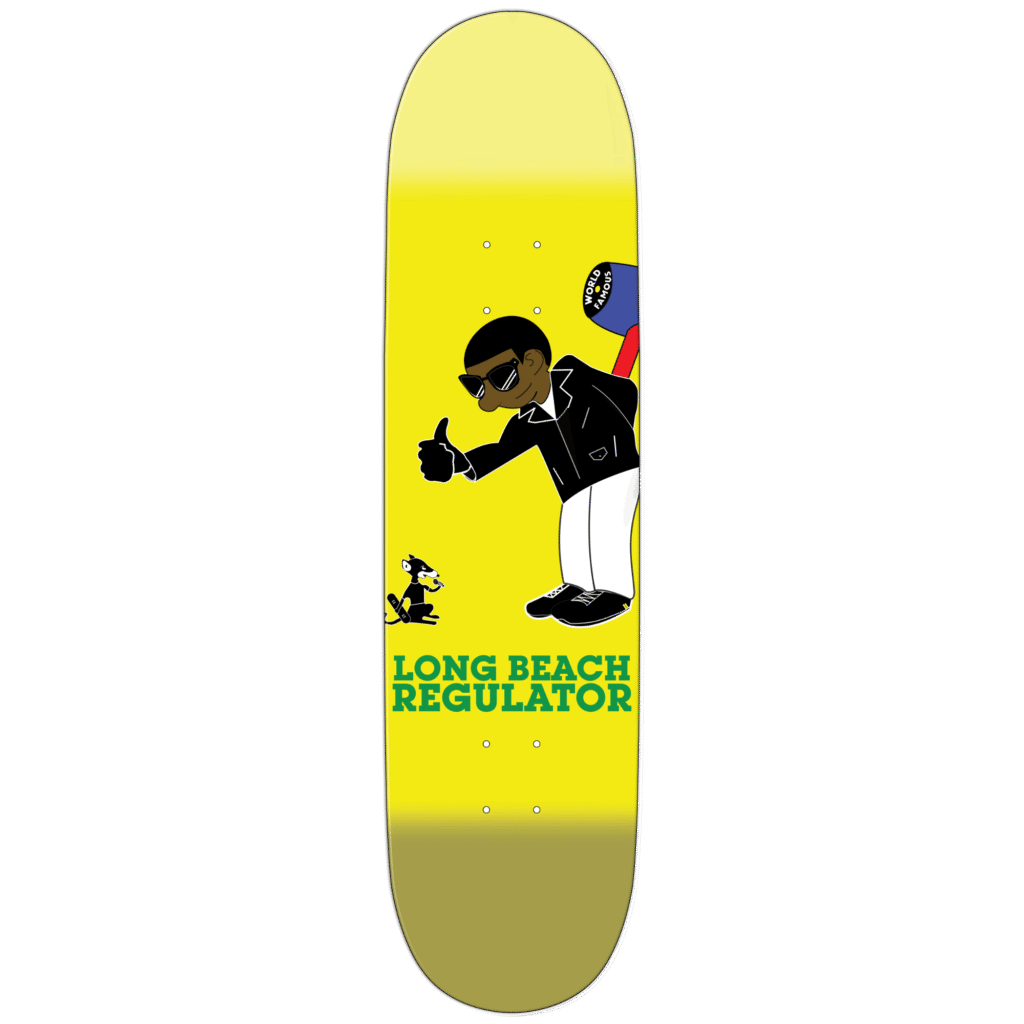 Skateboard deck with a cartoon of a man and a small dog.