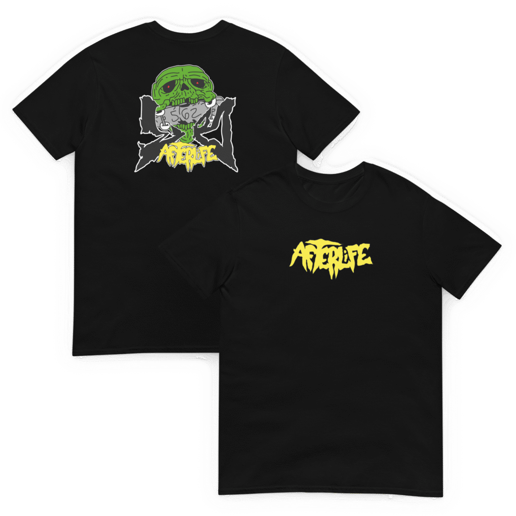 Black t-shirt featuring a green cartoon alien with a yellow star and "ABORT" text on the front.