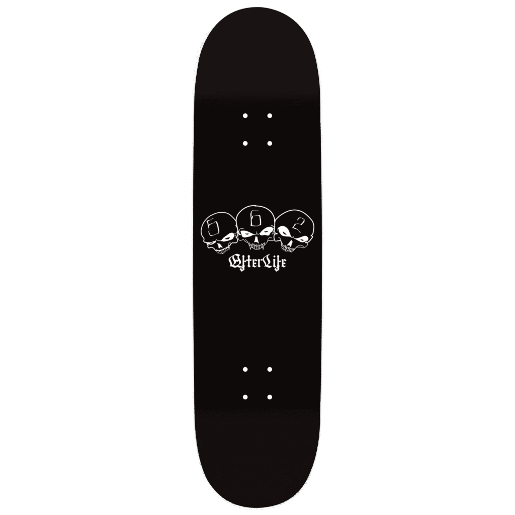 Black skateboard deck with a white graphic logo in the center.