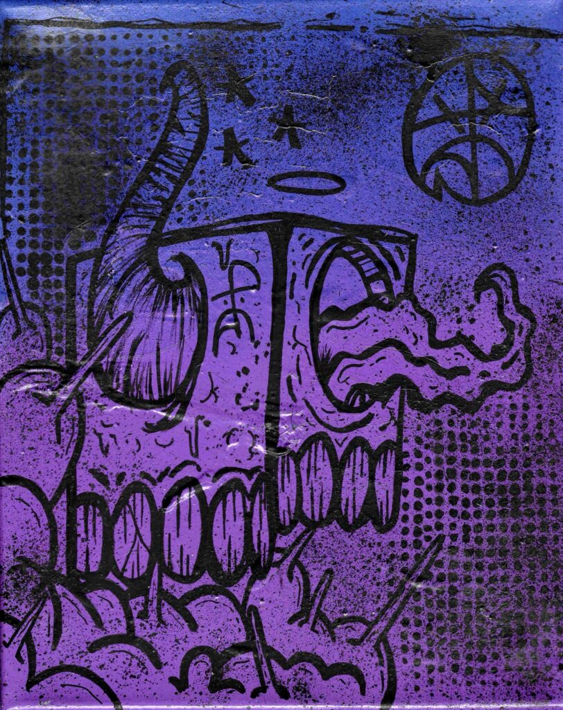 Abstract purple graffiti featuring a distorted skeletal face and basketball.