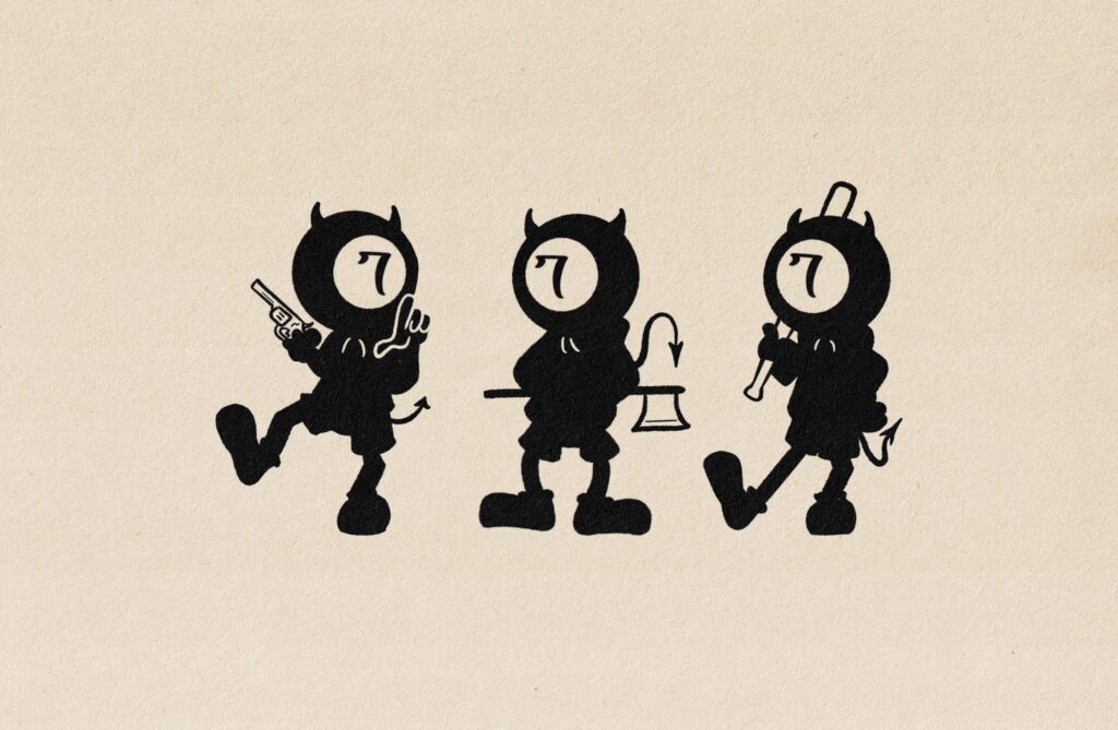 Three shadowy cartoon figures with clocks for heads, each holding different objects.