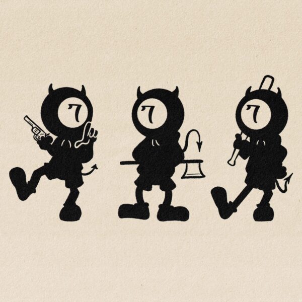 Three shadowy cartoon figures with clocks for heads, each holding different objects.