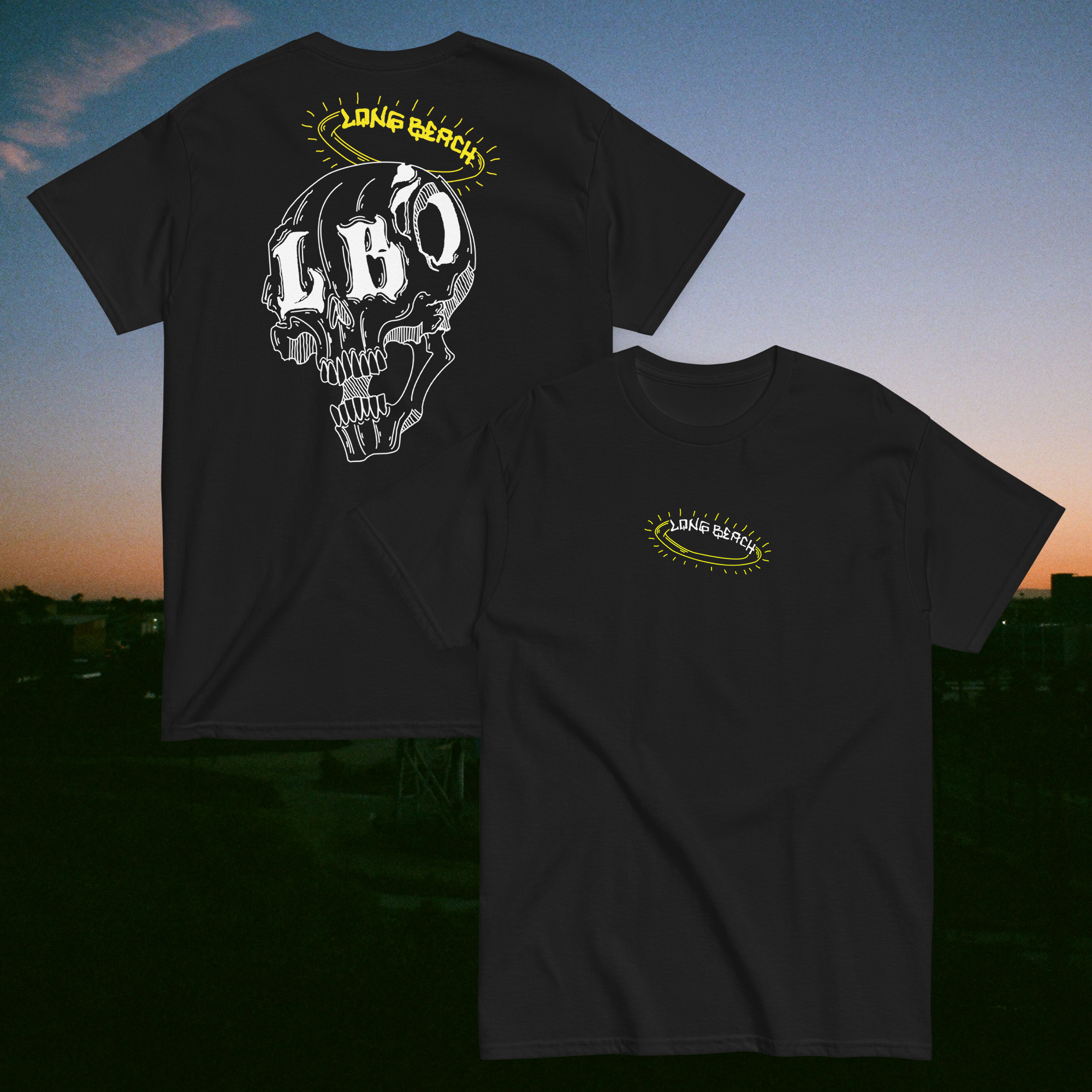 Black T-shirt with "LBC" skull design and small logo on front pocket area.
