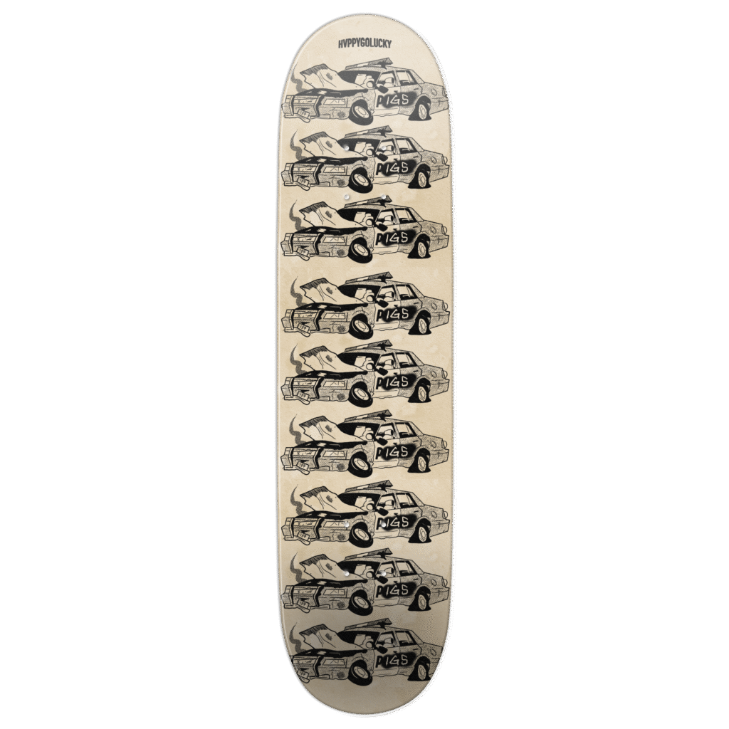 Skateboard deck featuring repeated vintage car illustrations.