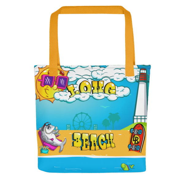 Colorful beach tote bag with vibrant designs and orange handles.