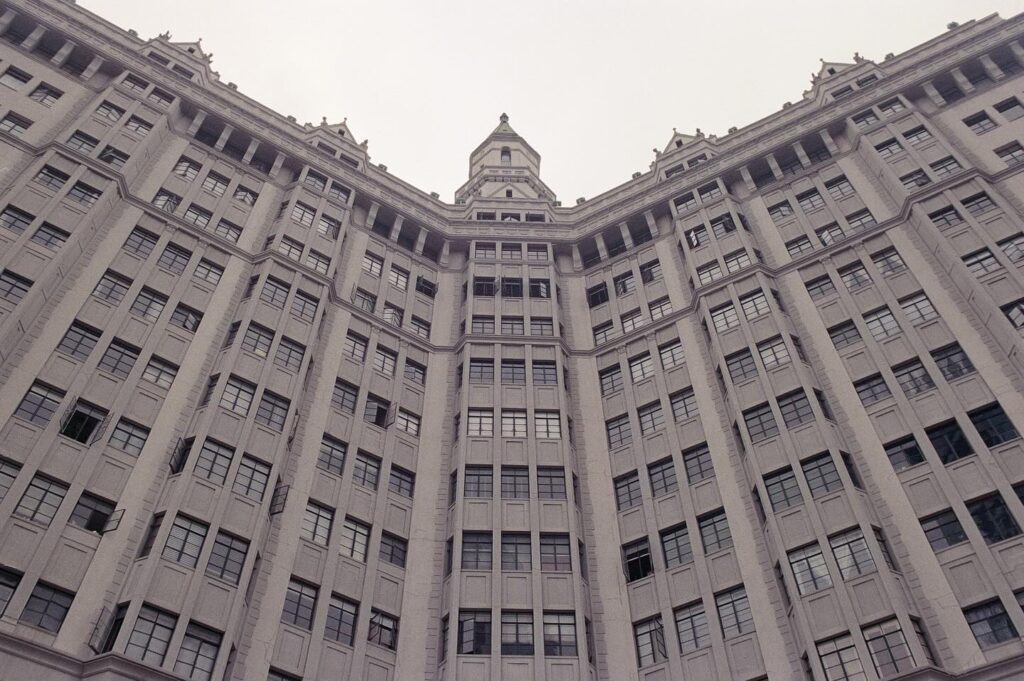 A tall, historic building with ornate architectural details.