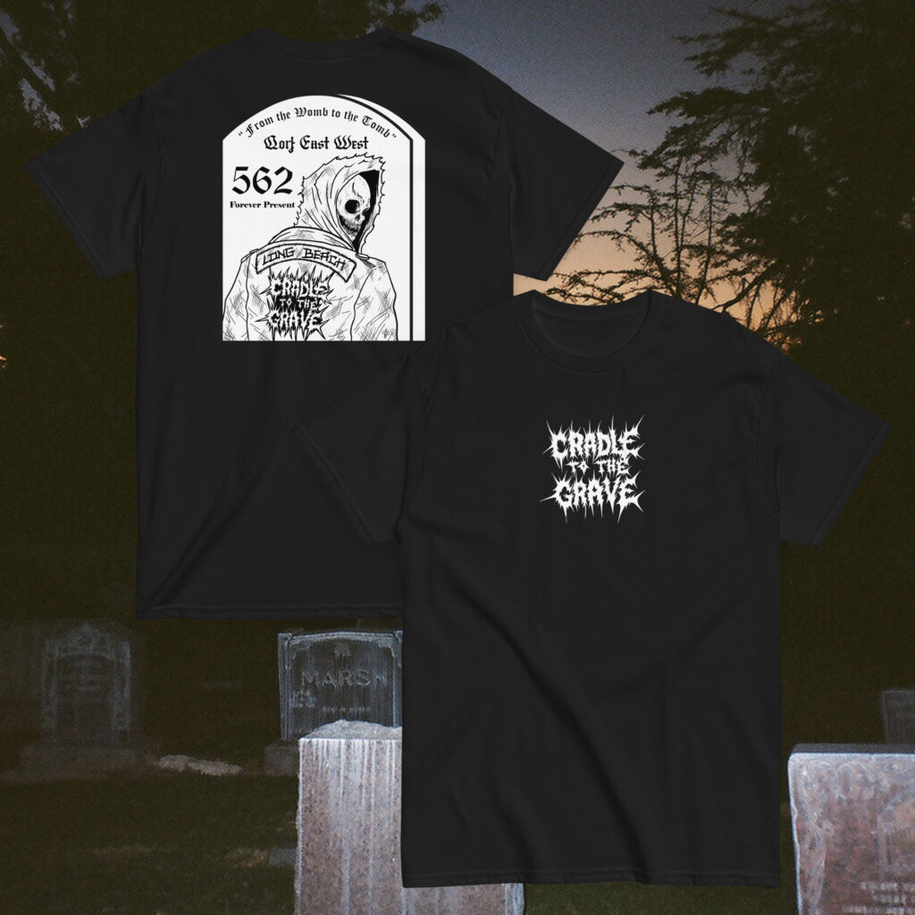 Black T-shirt with a vintage postage stamp design and bold white text.