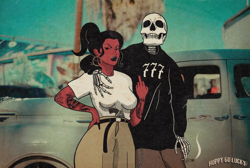 Stylized couple with Day of the Dead and tattoo themes.