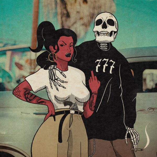 Stylized couple with Day of the Dead and tattoo themes.