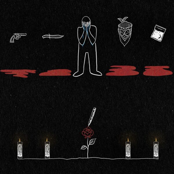 Illustration of death and mourning with symbolic items and candles.