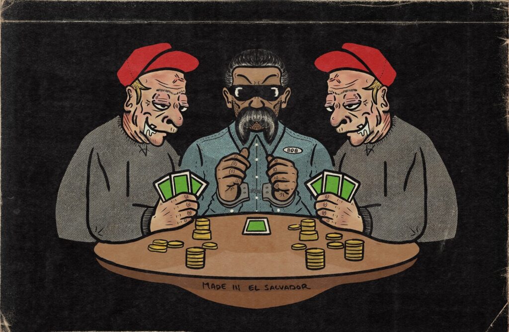 Three characters playing cards, two with red berets and one with sunglasses.