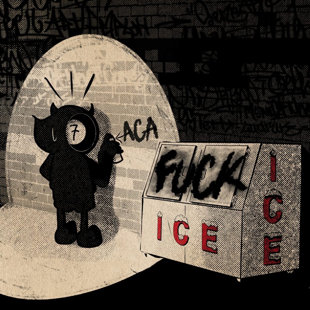 A bear with a megaphone protesting against ICE in front of a graffiti wall.