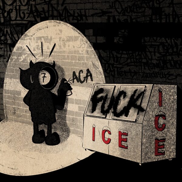 A bear with a megaphone protesting against ICE in front of a graffiti wall.