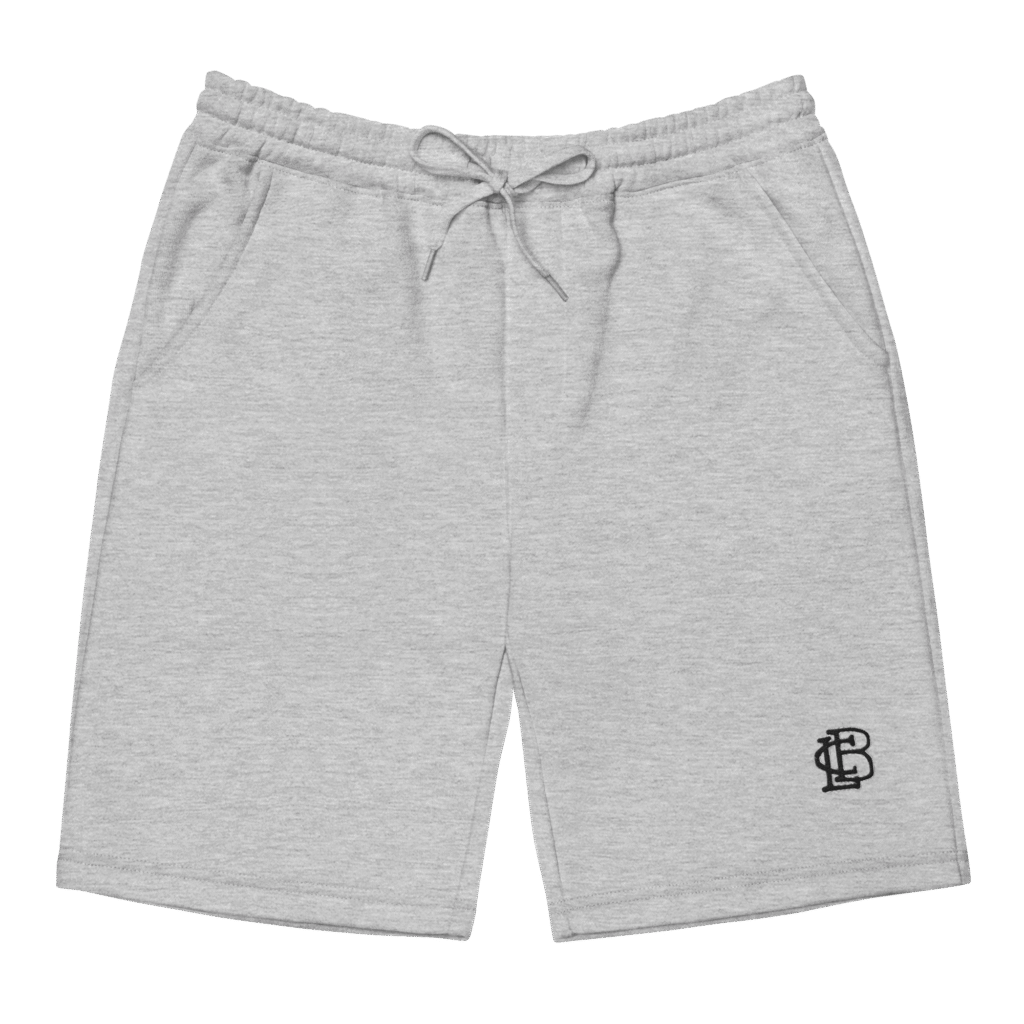 Light gray drawstring shorts with a small embroidered logo on the leg.