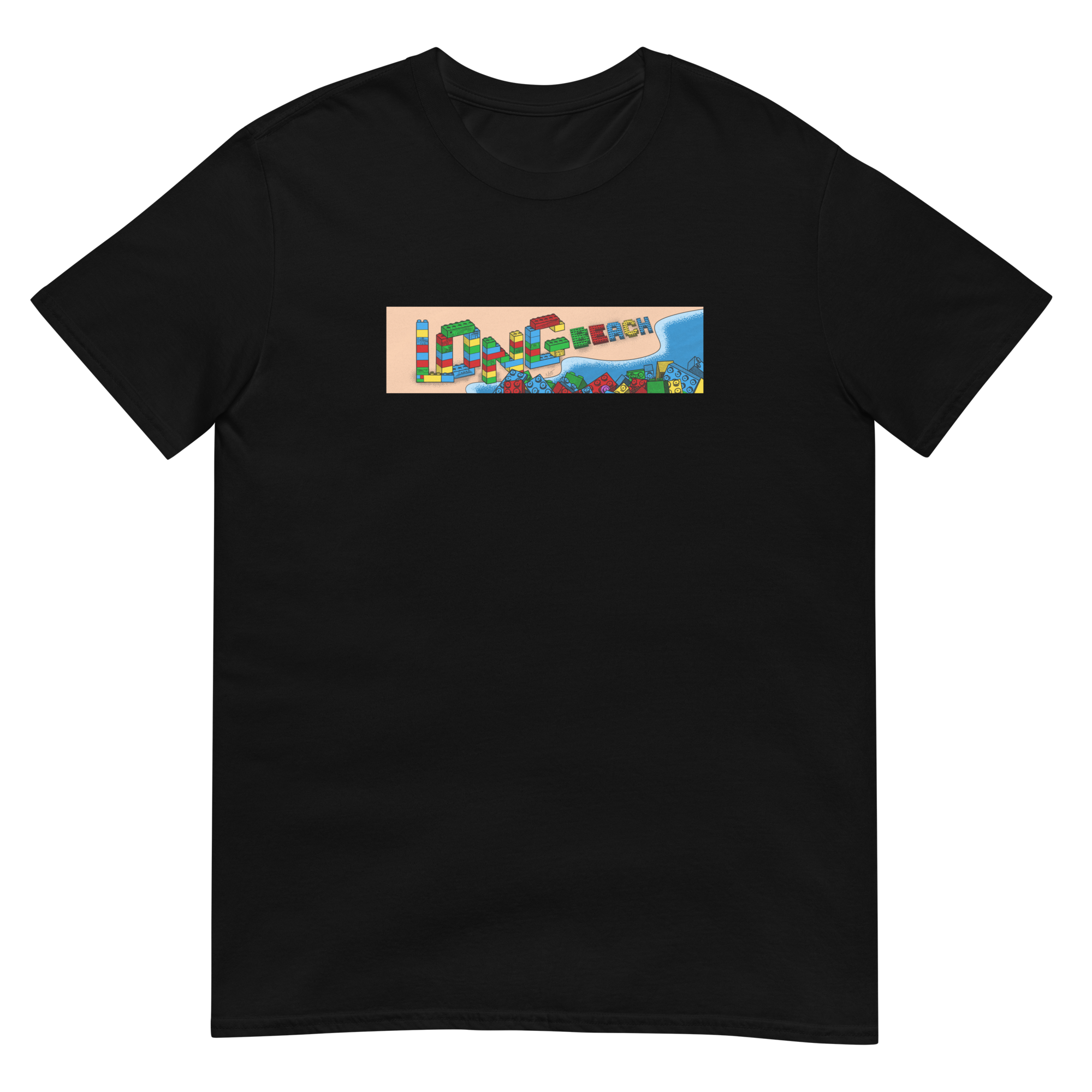 Black T-shirt with colorful Lego-style text reading 'LONG BEACH'.
