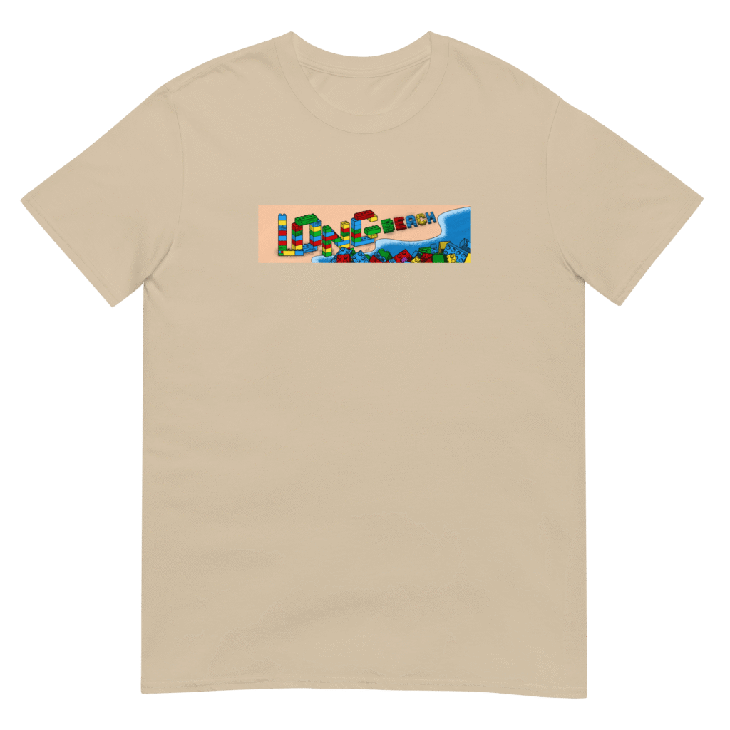 Beige T-shirt featuring a colorful abstract design on the chest area.