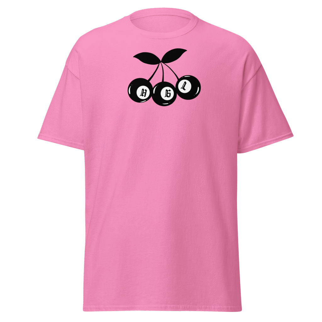 Pink t-shirt with a black and white graphic of a sprouting seed and eyes.