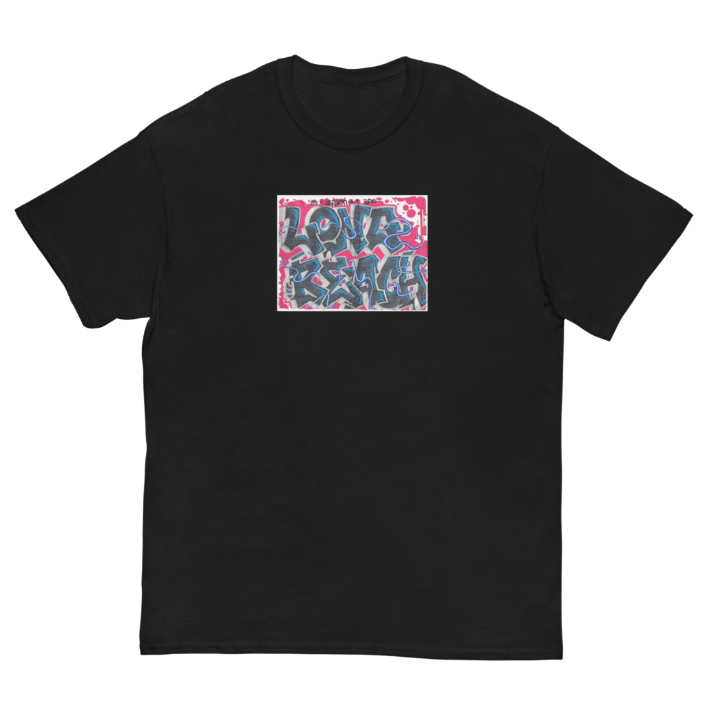 Black T-shirt with a colorful, artistic graphic patch on the chest.