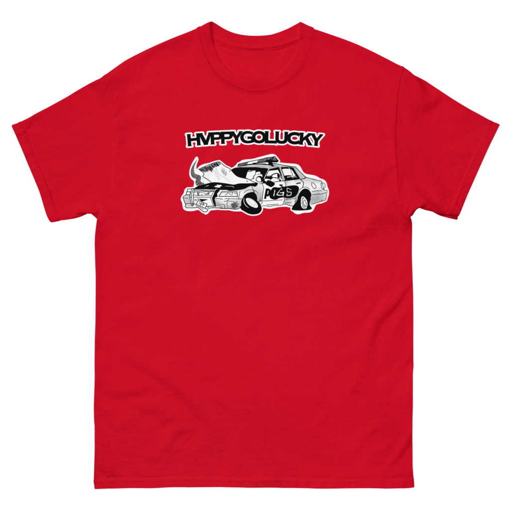 Red t-shirt featuring a white and black illustration of a DeLorean car with 'IMPAKLOCK' text.