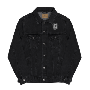 Black denim jacket with button closure and chest pockets.