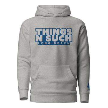 Gray hoodie with a blue and white "THINGS N SUCH" graphic on the front.