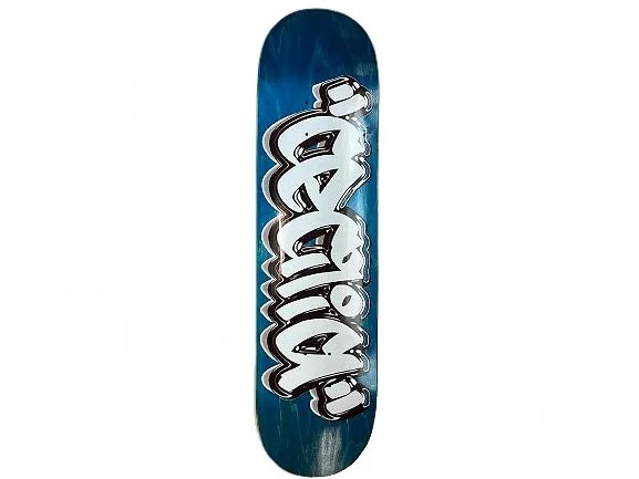 Blue skateboard deck with bold white graffiti-style text.