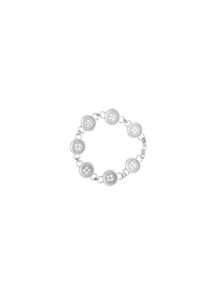 Elegant silver bracelet with circular charms on white background.