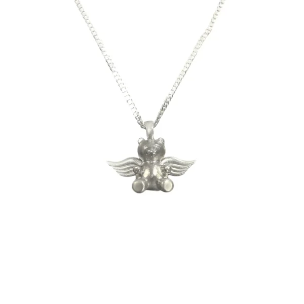 Silver angel pendant necklace with detailed wings and a small heart.