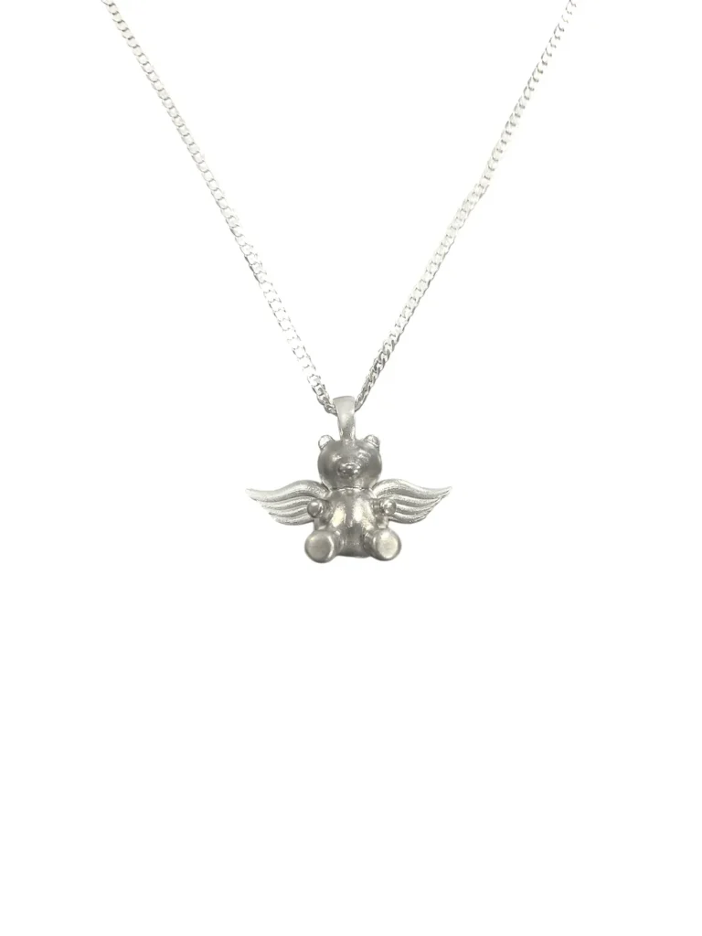 Silver angel pendant necklace with detailed wings and a small heart.