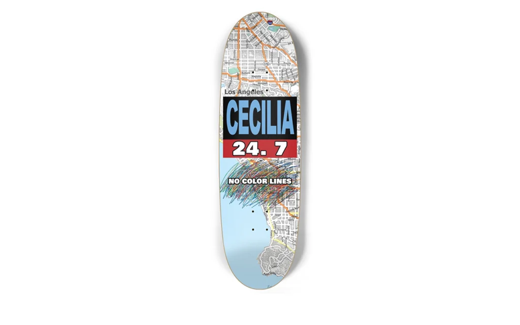 Skateboard deck with a map design and text 'CECILIA 24.7'.
