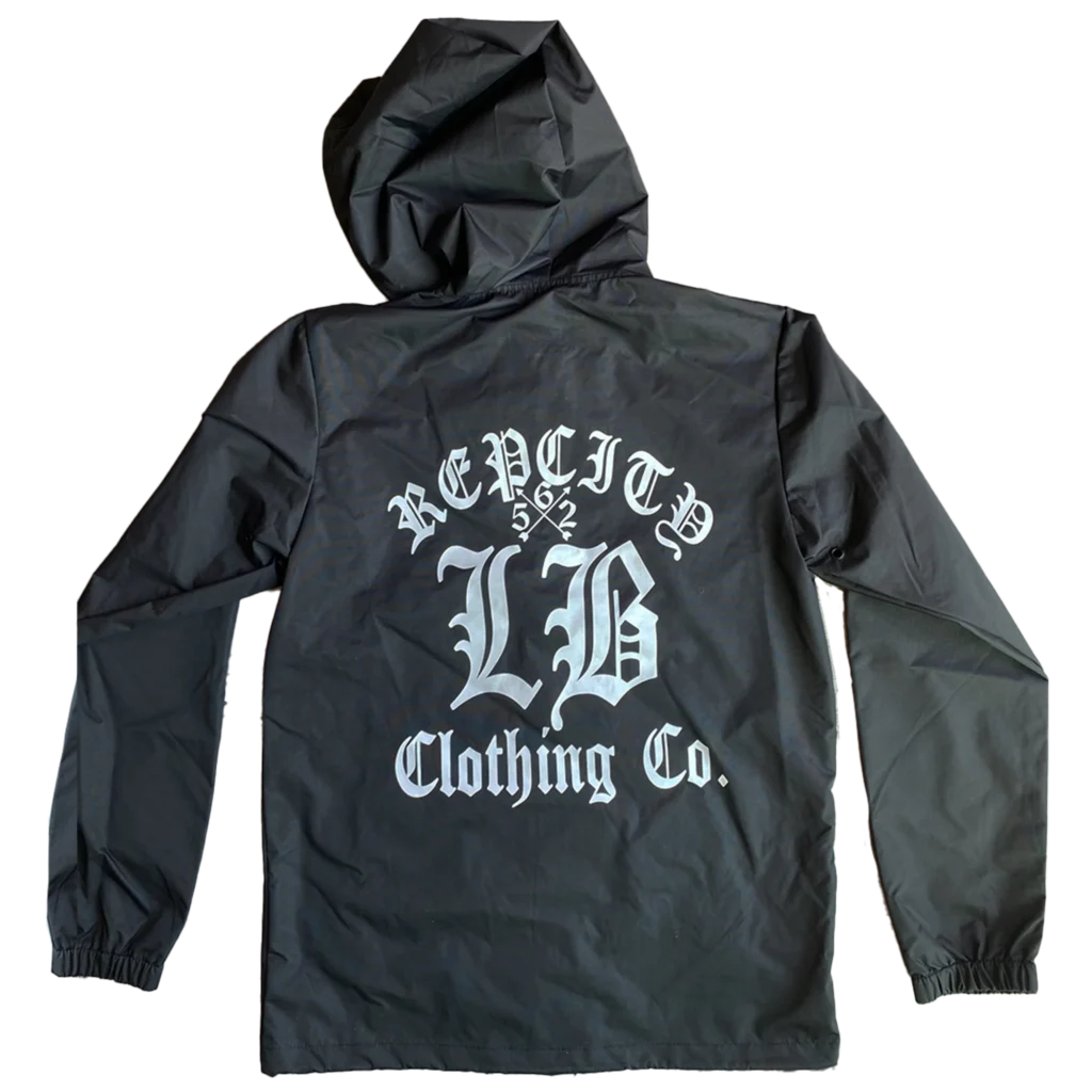 Black hoodie with bold white text logo on back.