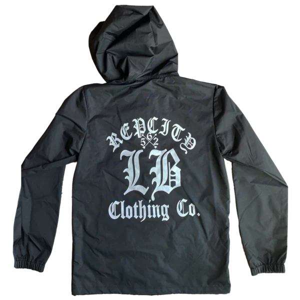 Black hoodie with bold white text logo on back.