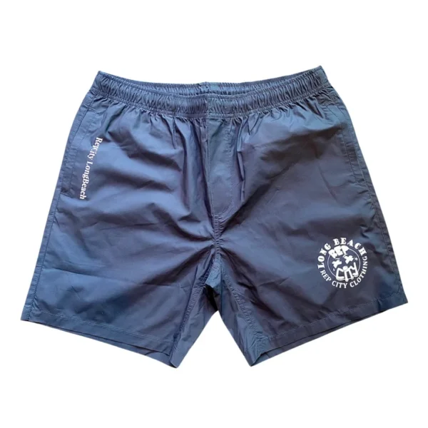 Navy blue athletic shorts with side pockets and a white emblem on the leg.