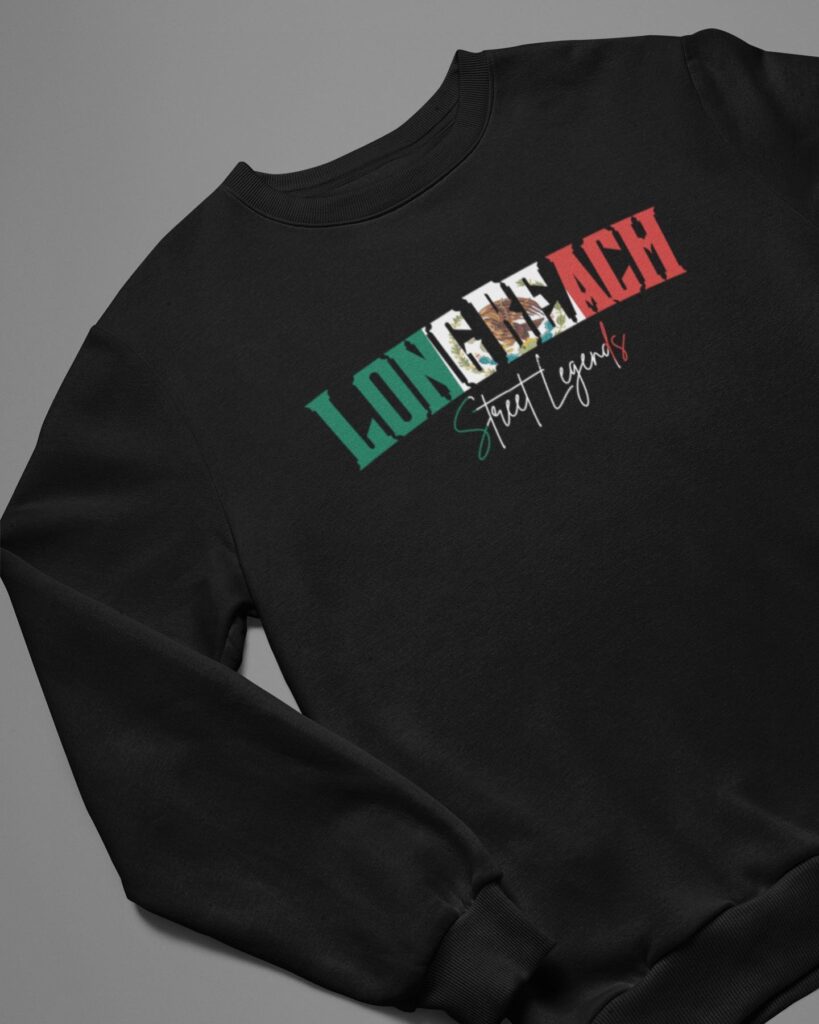 Black sweatshirt with colorful 'LONG BEACH' text and cursive writing below.