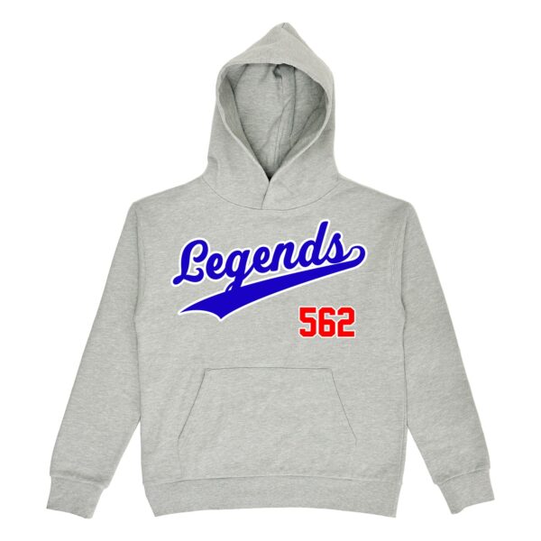 Gray hoodie with 'Legends 562' printed in blue and red.