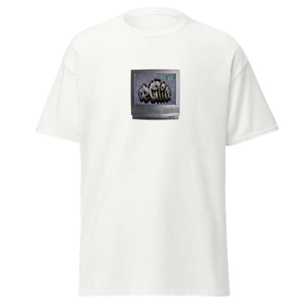 White t-shirt with a small graphic of a snail and text on the chest.
