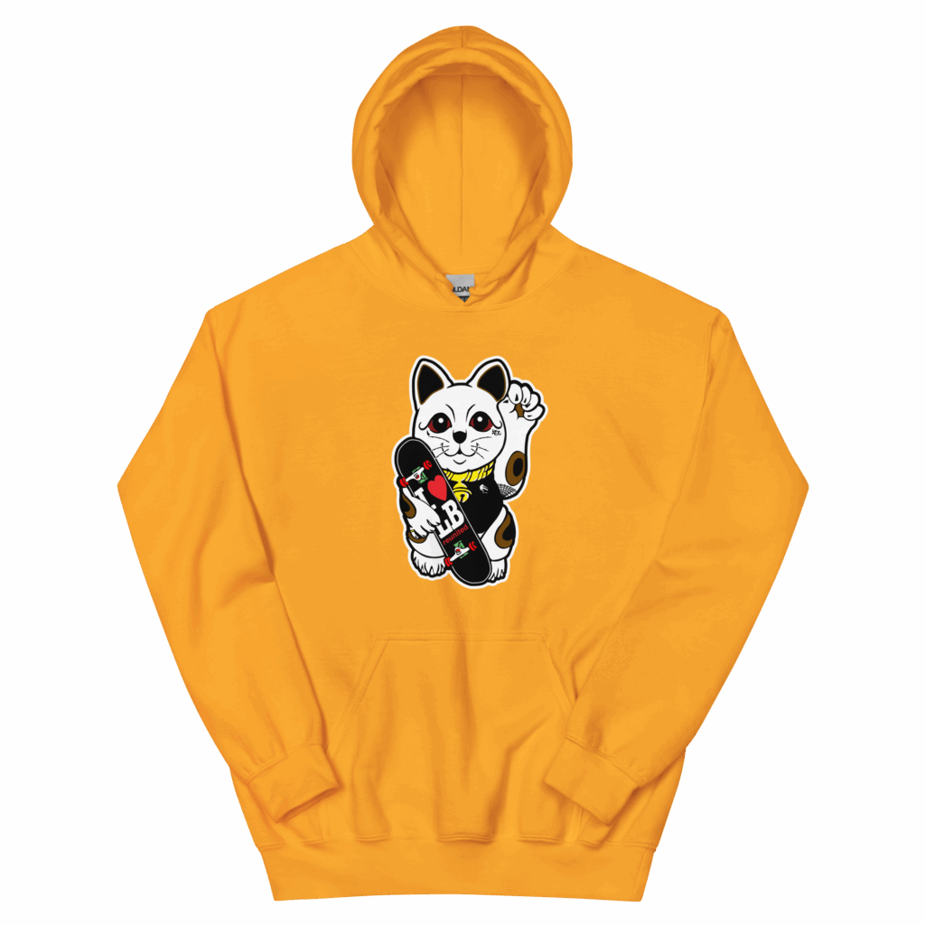 A bright orange hoodie featuring a cute waving panda cartoon design.