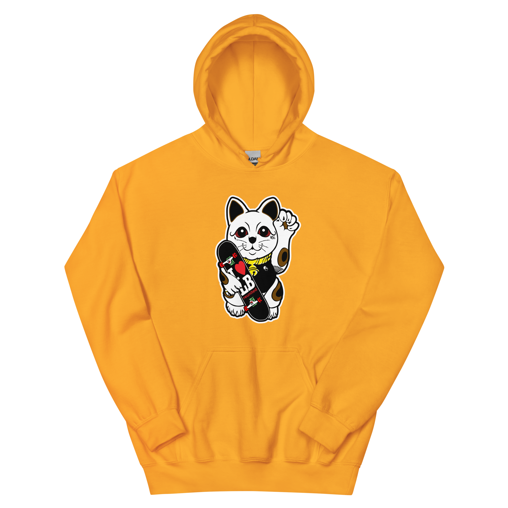 A bright orange hoodie featuring a cute waving panda cartoon design.