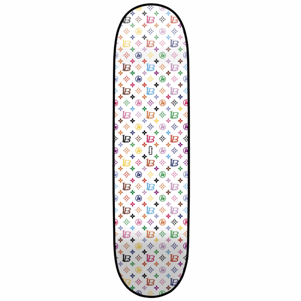 Skateboard deck with a colorful Louis Vuitton monogram pattern on white.
