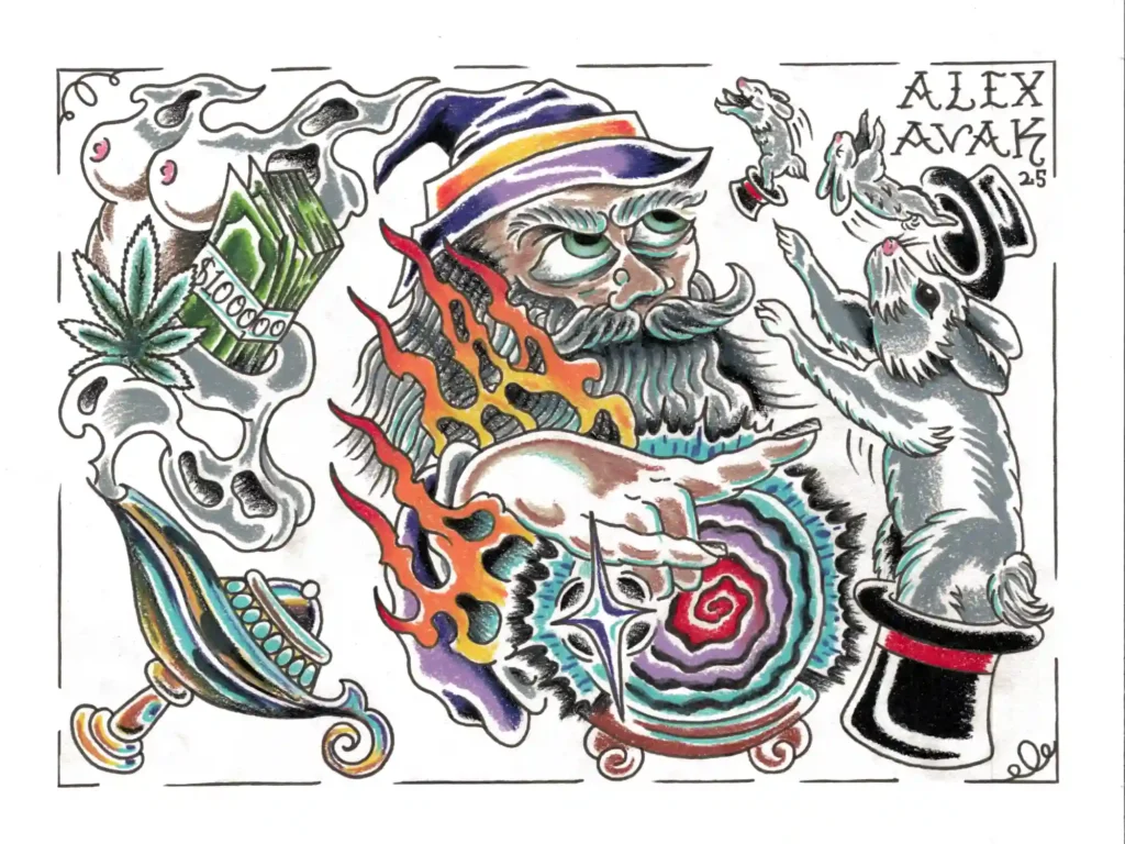 Intricate fantasy artwork with mythical creatures and swirling patterns.
