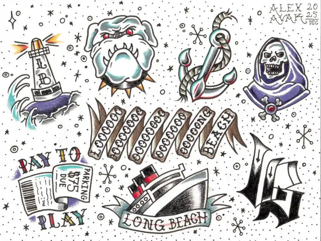Traditional nautical tattoo designs including anchors, ships, and banners.
