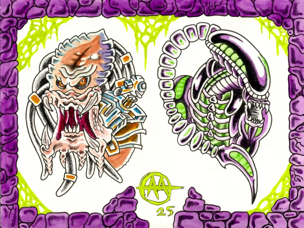 Artistic fusion of Predator and Alien characters merged in a vibrant, detailed style.