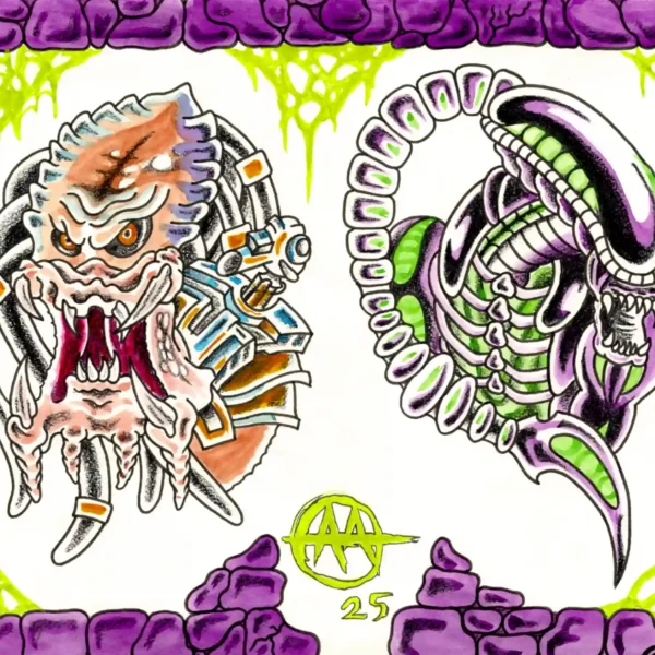 Artistic fusion of Predator and Alien characters merged in a vibrant, detailed style.