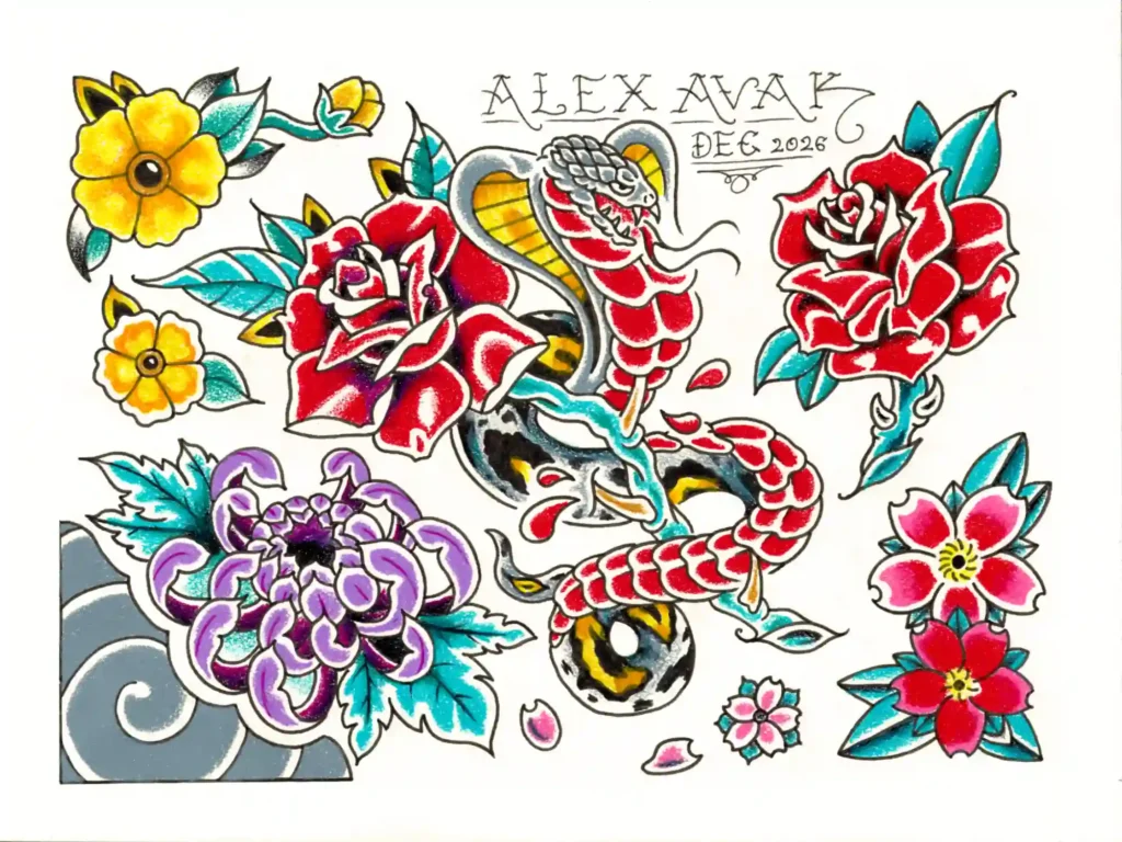 Colorful traditional tattoo designs including flowers and a snake.