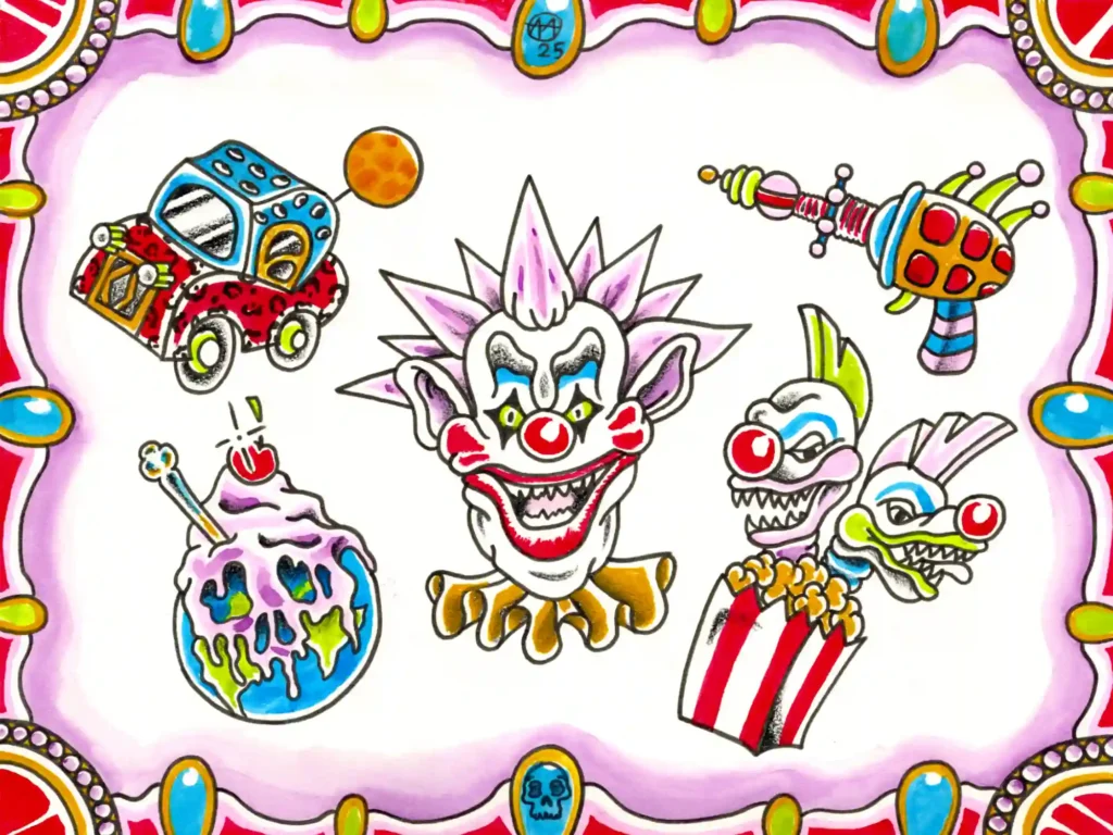 A colorful collection of circus-themed clown illustrations.