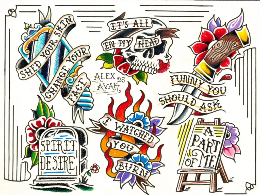 Traditional tattoo flash sheet with colorful designs and phrases.