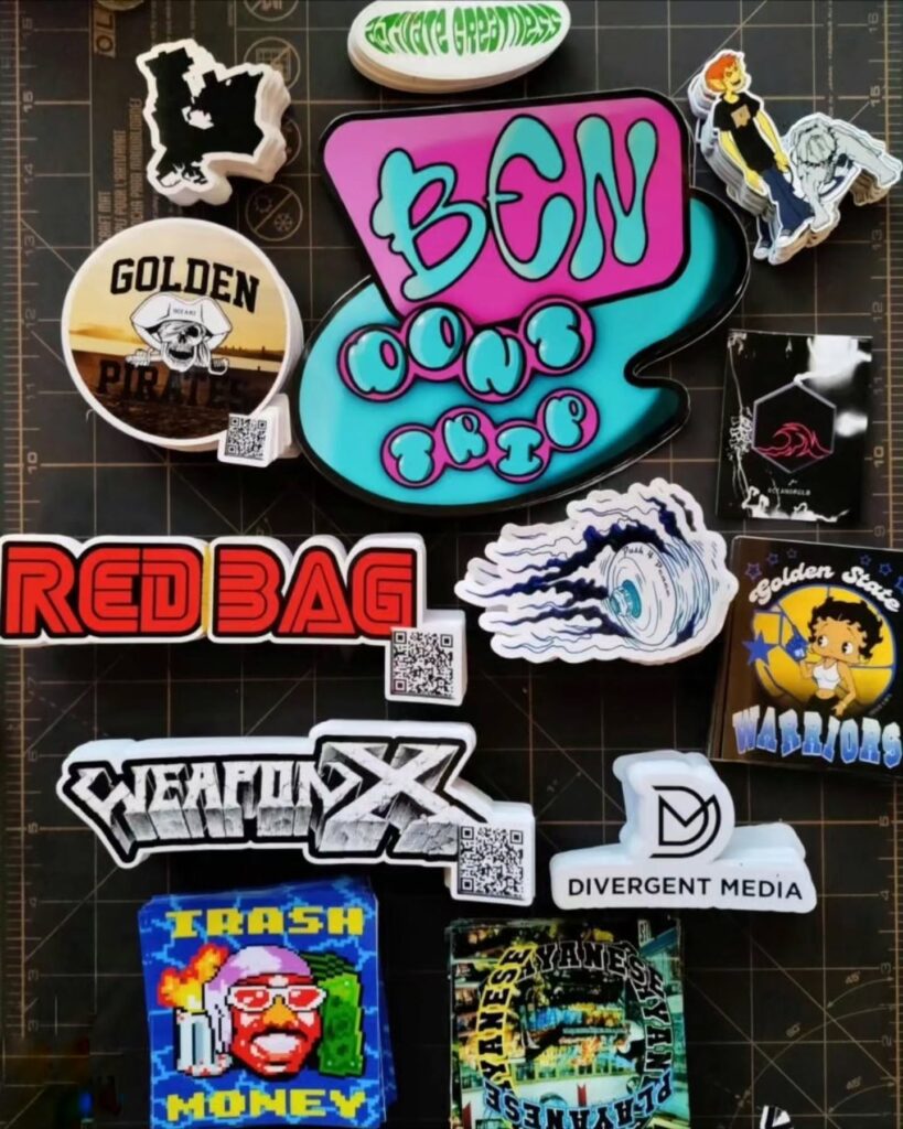A collection of colorful patches with various designs and texts.